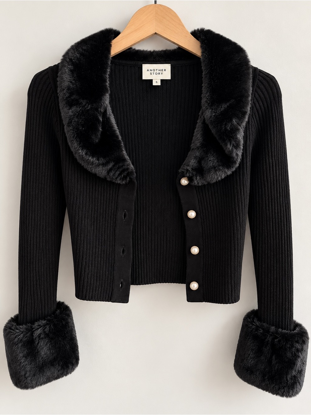 Black Faux-Fur Collar & Cuff Ribbed Cardigan with Pearl Buttons